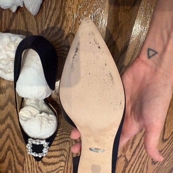 Badgley Mischka Womens Sz 1 Cher Crystal Buckle Pumps Black Satin Stilettos Glam - Picture 11 of 16